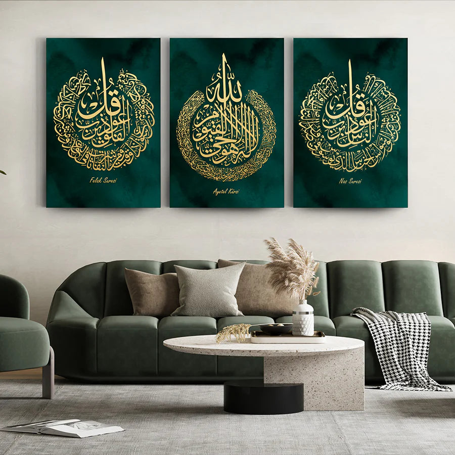 Ayat al-Kursi, Surah Al-Falaq, and Surah An-Nas Triple Set Glass Painting
